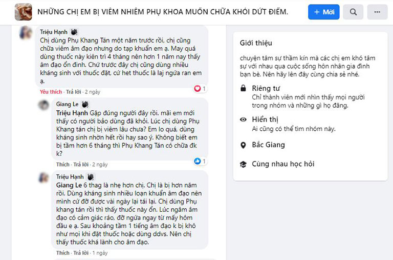 Phụ Khang tán được review chữa khỏi viêm âm đạo không tái lại trên nhóm Facebook