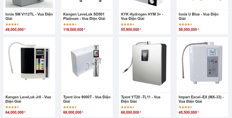 Các sản phẩm máy lọc nước được bán tại trang web của Vua điện giải